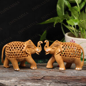 PAIR OF WOODEN ELEPHANT - TRUNK UP