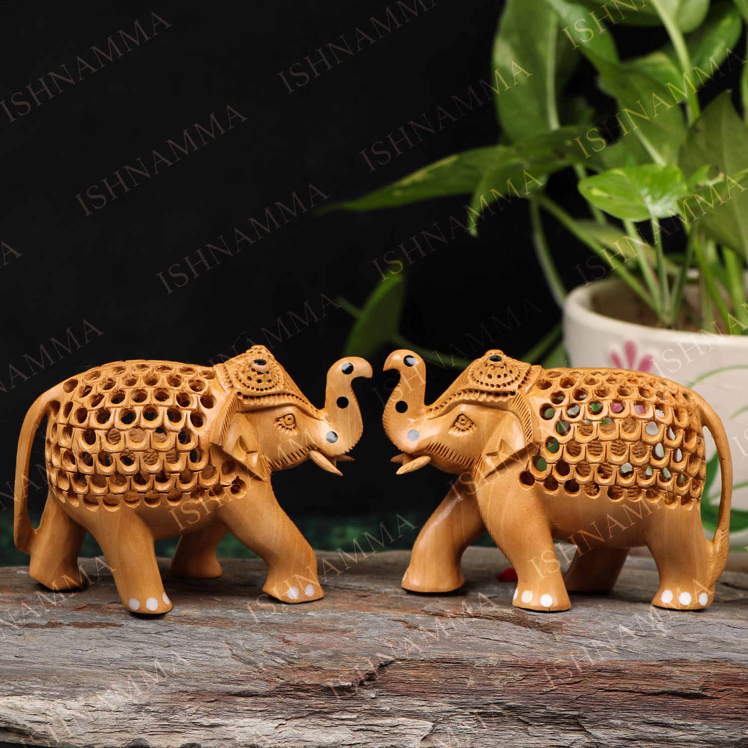 Wooden Elephant Carvings Pair of Lucky Elephants Trunk Up Approx H15cm 