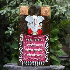 WOODEN HANGING PLATE WITH KAAN GANESH JI WITH MANTRA MARBLE DUST
